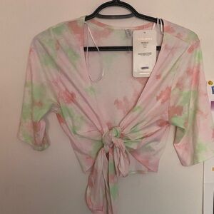 Fabletics Pastel Pink & Green Tie-Dye Tie-Front Crop Top